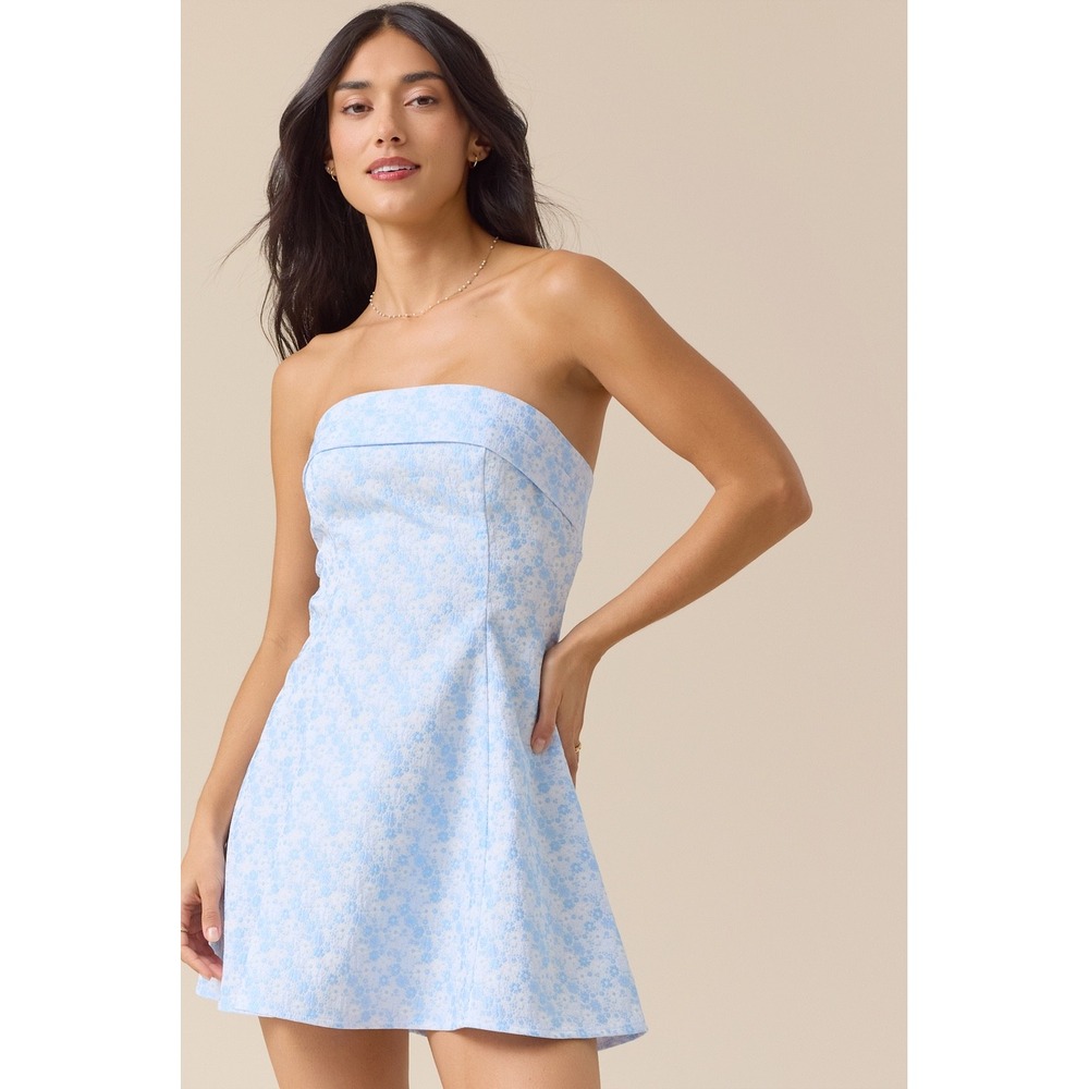 Altar'd State Winda Strapless Floral Jacquard Mini Dress Light Blue Size XXS NWT